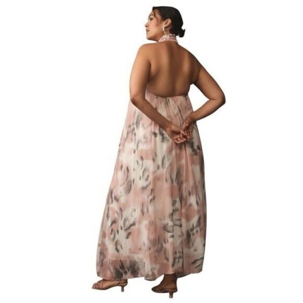 ANTHROPOLOGIE Maeve Sheer Printed Halter Maxi Dress Open Back Size 1X NEW - Picture 7 of 16